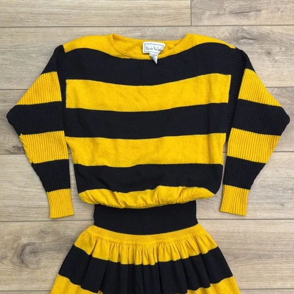 Vintage Nicole Miller Wool Bumblebee Stripe Midi Dress Sweater‎ Statement Twee - Picture 2 of 12